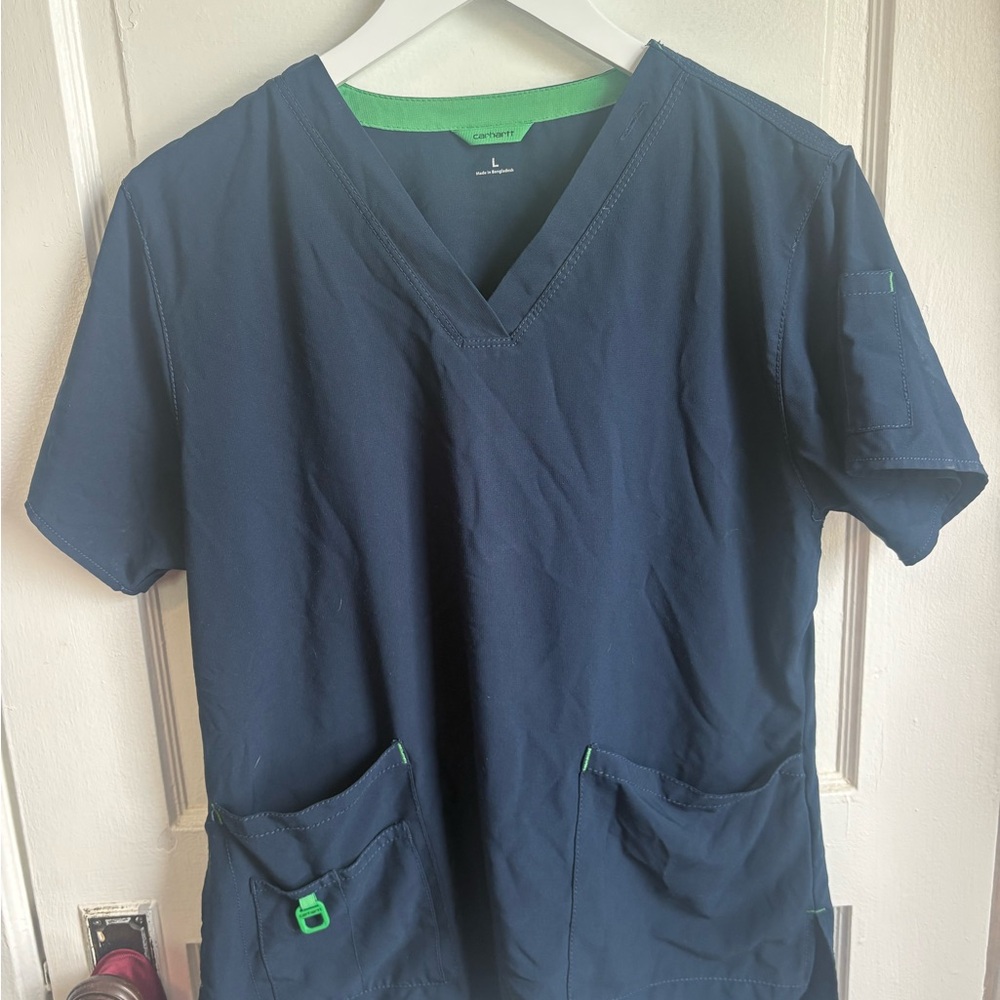 Carhartt Navy Blue Medical Scrub Top with Green Trim